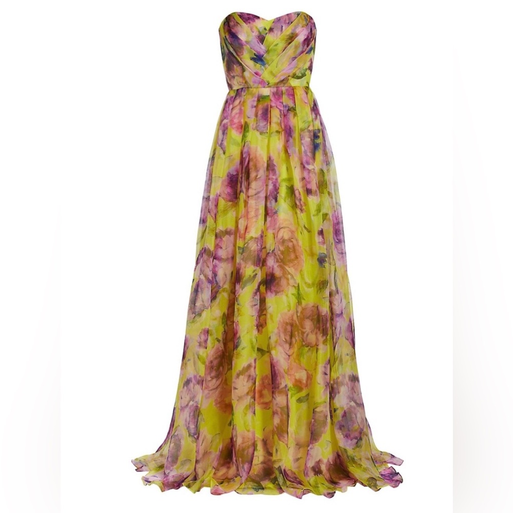 Badgley Mischka pleated floral silk organza gown